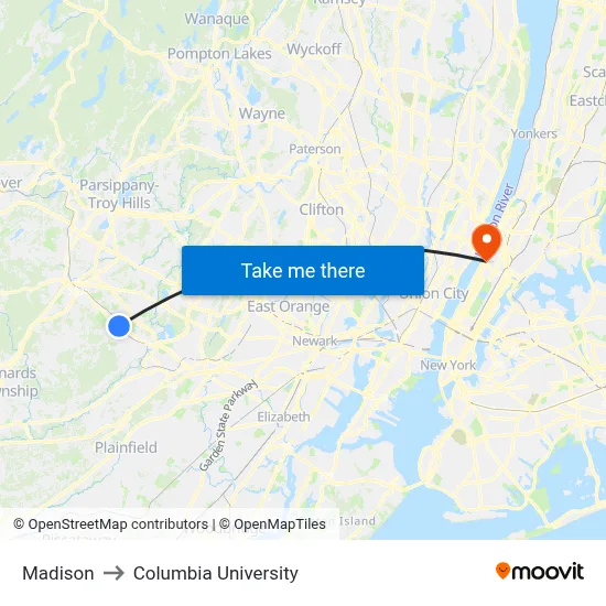 Madison to Columbia University map