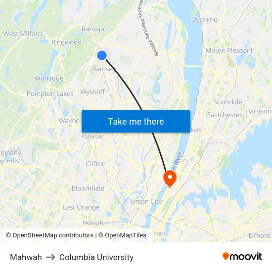Mahwah to Columbia University map