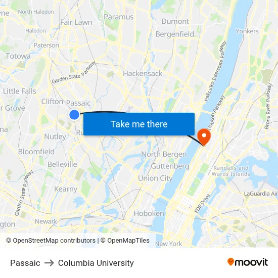 Passaic to Columbia University map