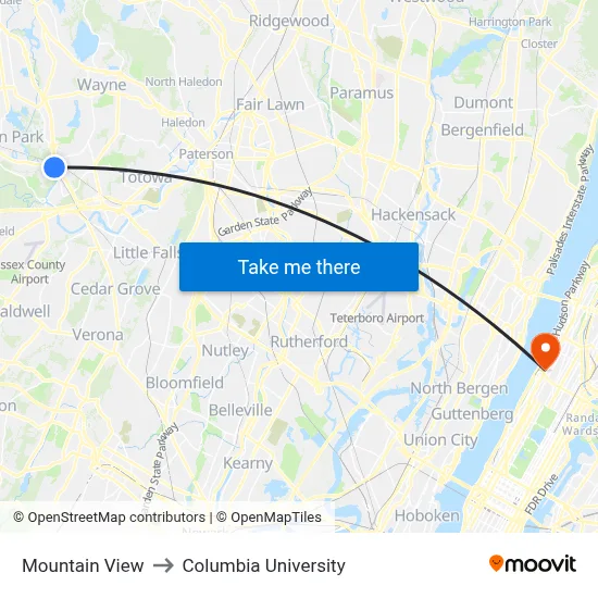 Mountain View to Columbia University map