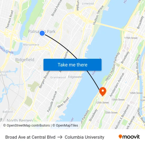 Broad Ave at Central Blvd to Columbia University map