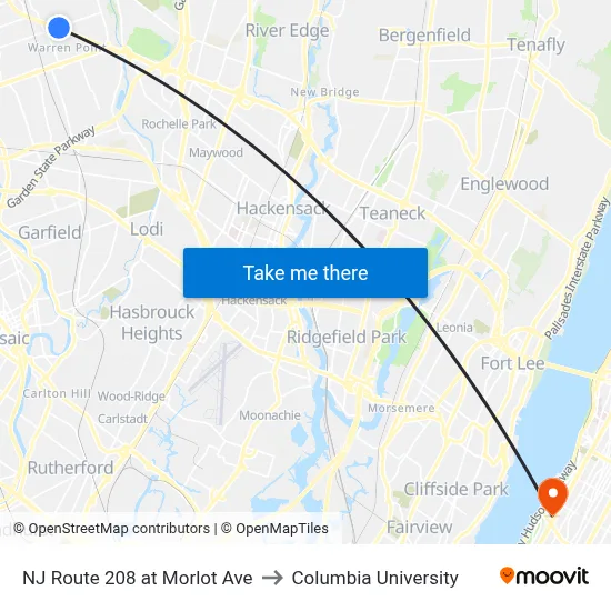 NJ Route 208 at Morlot Ave to Columbia University map
