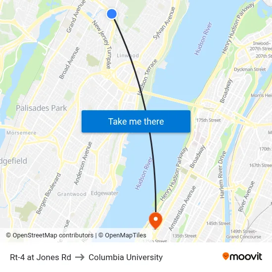 Rt-4 at Jones Rd to Columbia University map