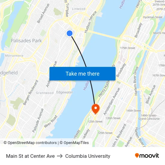 Main St at Center Ave to Columbia University map