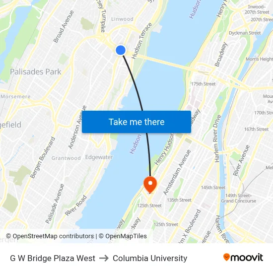 G W Bridge Plaza West to Columbia University map