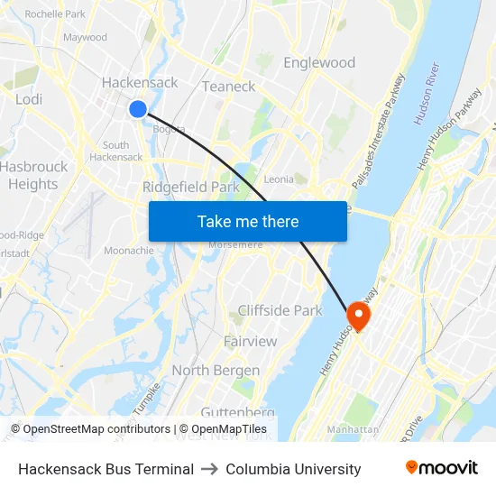 Hackensack Bus Terminal to Columbia University map