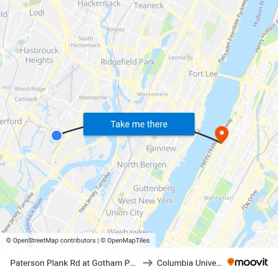 Paterson Plank Rd at Gotham Parkway to Columbia University map