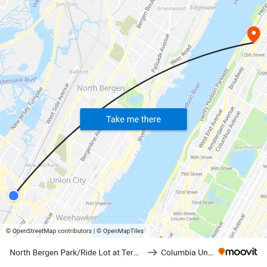 North Bergen Park/Ride Lot at Terminal Building B to Columbia University map