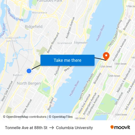 Tonnelle Ave at 88th St to Columbia University map