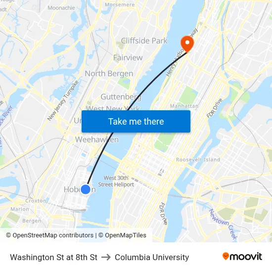 Washington St at 8th St to Columbia University map