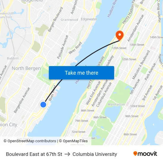 Boulevard East at 67th St to Columbia University map
