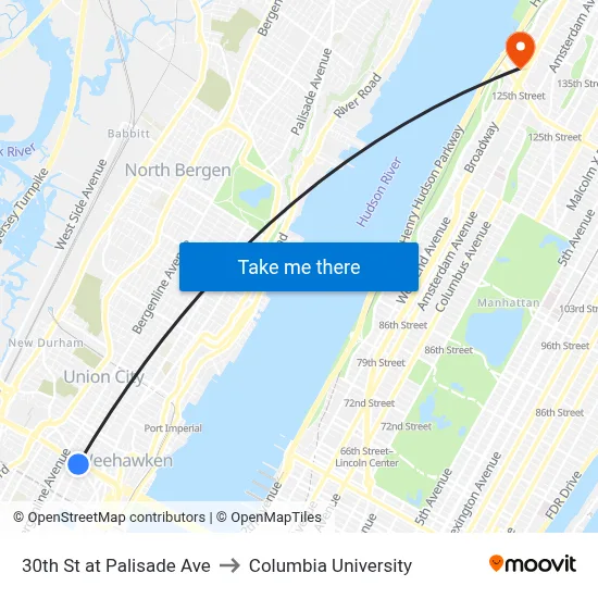 30th St at Palisade Ave to Columbia University map