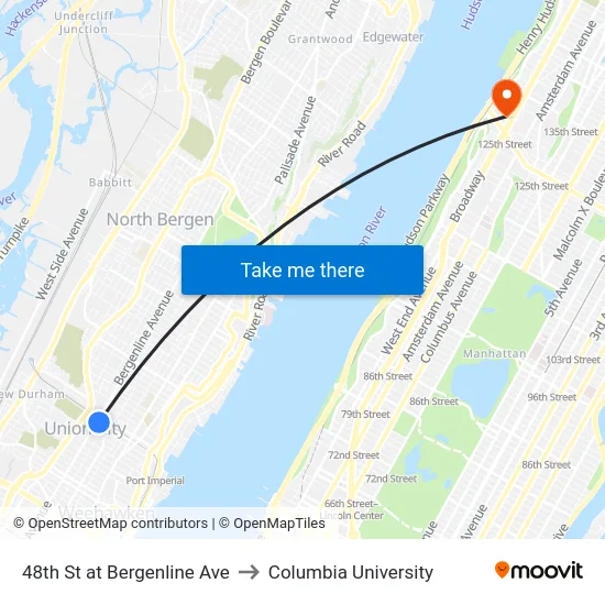 48th St at Bergenline Ave to Columbia University map