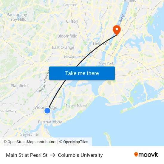 Main St at Pearl St to Columbia University map