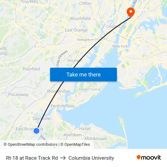 Rt-18 at Race Track Rd to Columbia University map
