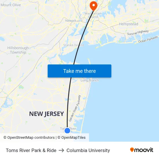 Toms River Park & Ride to Columbia University map