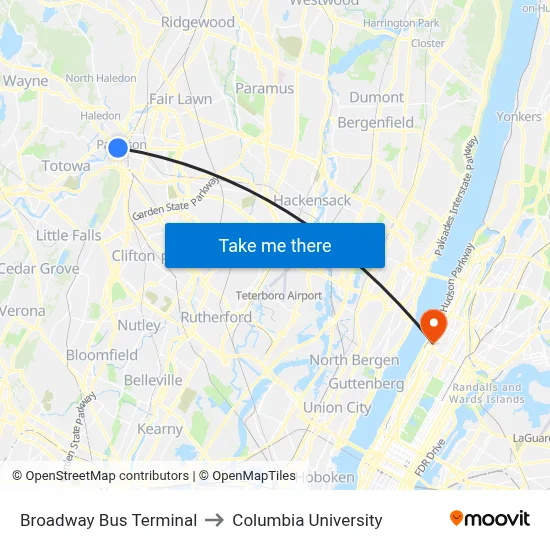 Broadway Bus Terminal to Columbia University map