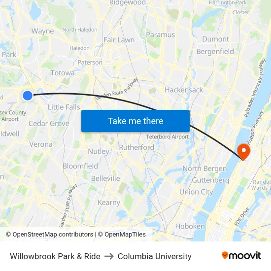 Willowbrook Park & Ride to Columbia University map