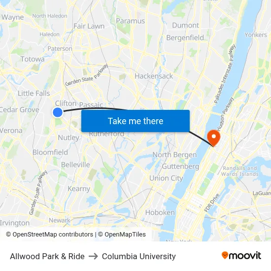 Allwood Park & Ride to Columbia University map