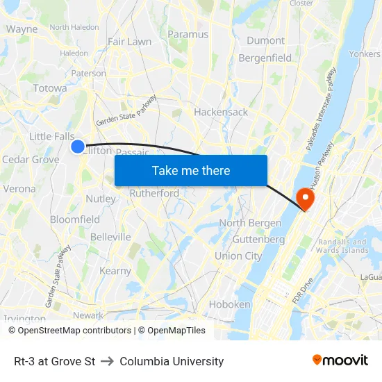 Rt-3 at Grove St to Columbia University map