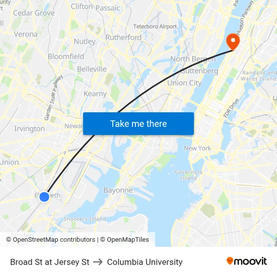 Broad St at Jersey St to Columbia University map