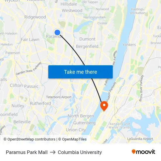 Paramus Park Mall to Columbia University map