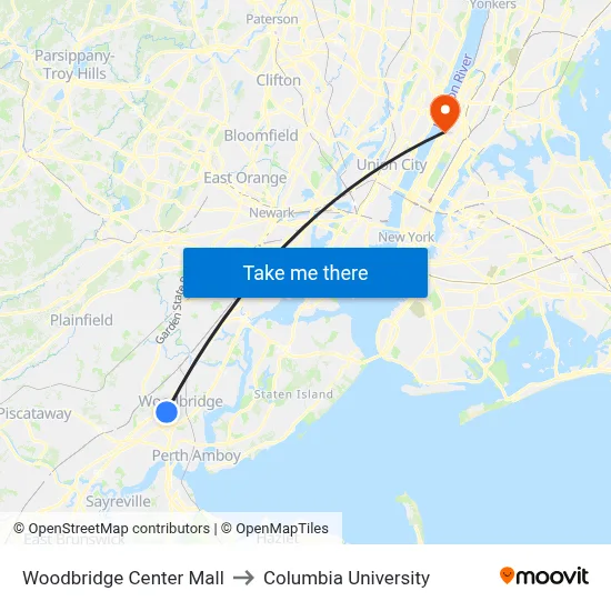 Woodbridge Center Mall to Columbia University map