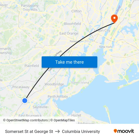 Somerset St at George St to Columbia University map