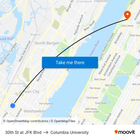 30th St at JFK Blvd to Columbia University map
