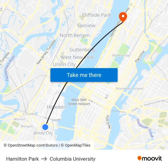 Hamilton Park to Columbia University map