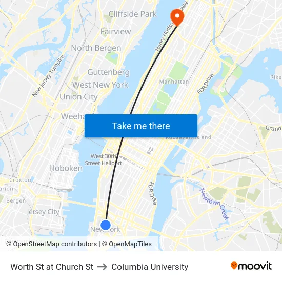 Worth St at Church St to Columbia University map