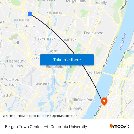 Bergen Town Center to Columbia University map