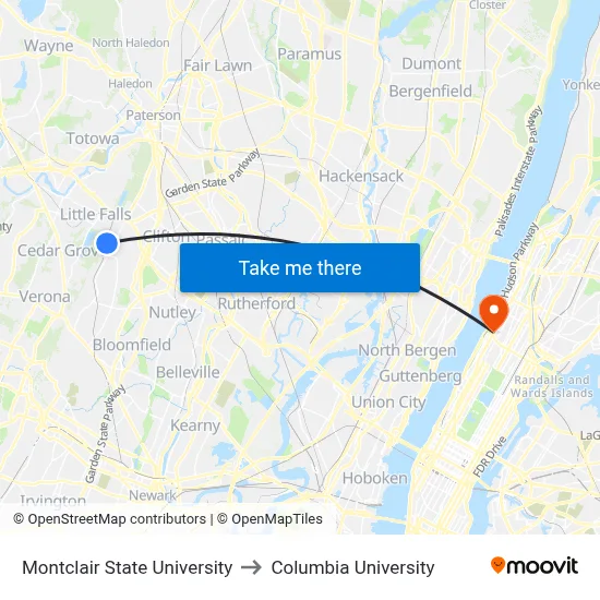 Montclair State University to Columbia University map