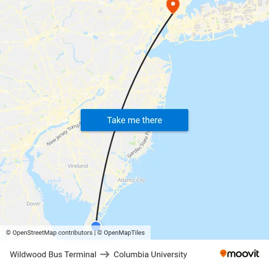 Wildwood Bus Terminal to Columbia University map