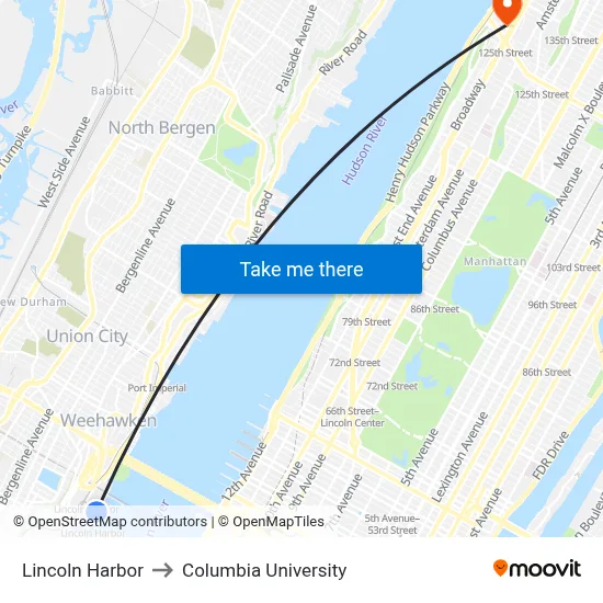 Lincoln Harbor to Columbia University map