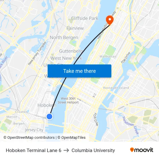 Hoboken Terminal Lane 6 to Columbia University map