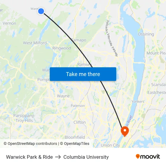 Warwick Park & Ride to Columbia University map