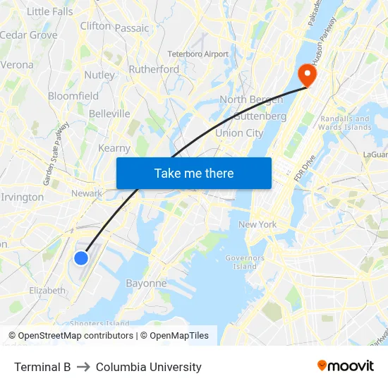 Terminal B to Columbia University map