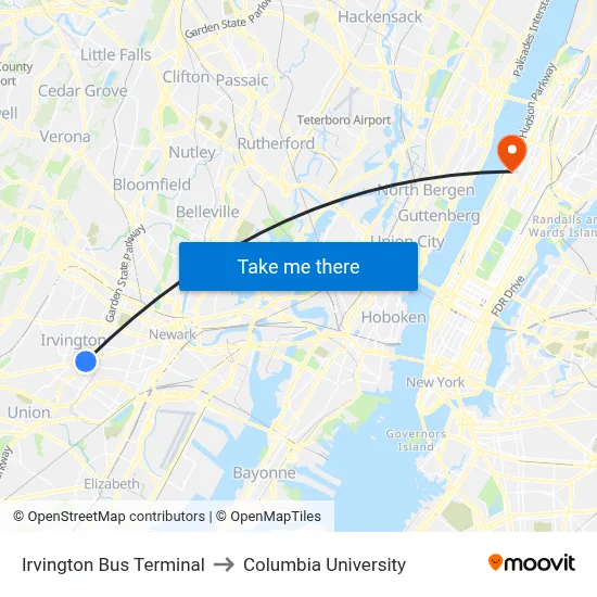 Irvington Bus Terminal to Columbia University map