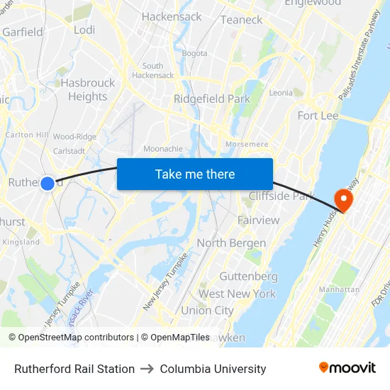 Rutherford Rail Station to Columbia University map