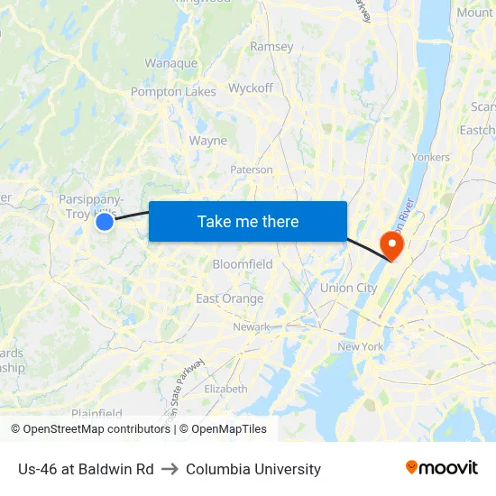 Us-46 at Baldwin Rd to Columbia University map