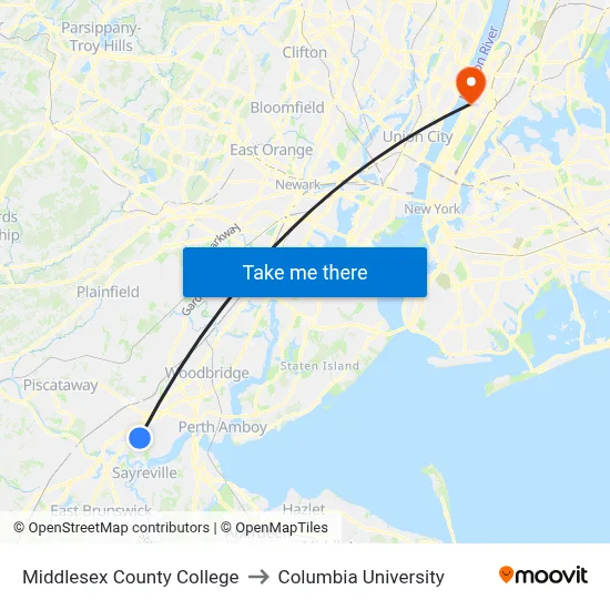 Middlesex County College to Columbia University map