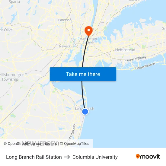 Long Branch Rail Station to Columbia University map