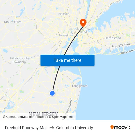 Freehold Raceway Mall to Columbia University map