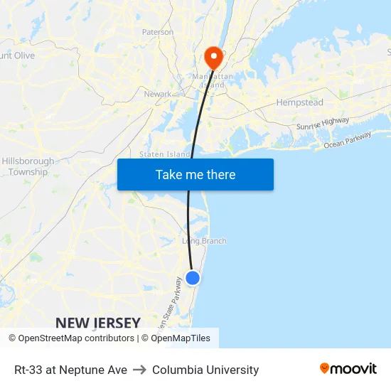 Rt-33 at Neptune Ave to Columbia University map
