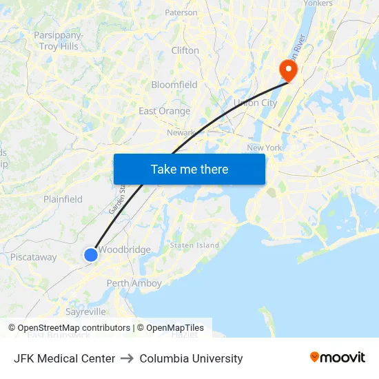 JFK Medical Center to Columbia University map