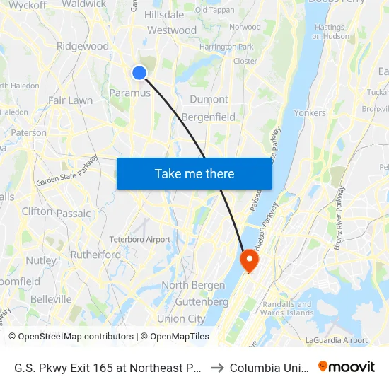G.S. Pkwy Exit 165 at Northeast Park/Ride Lot to Columbia University map