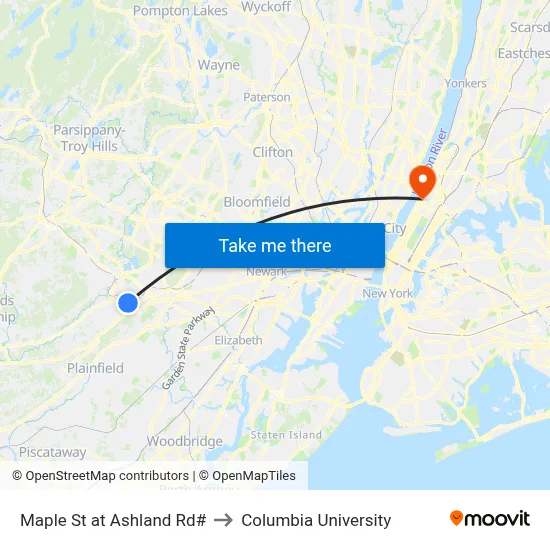 Maple St at Ashland Rd# to Columbia University map