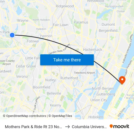 Mothers Park & Ride Rt 23 North to Columbia University map