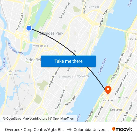 Overpeck Corp Centre/Agfa Bldg to Columbia University map